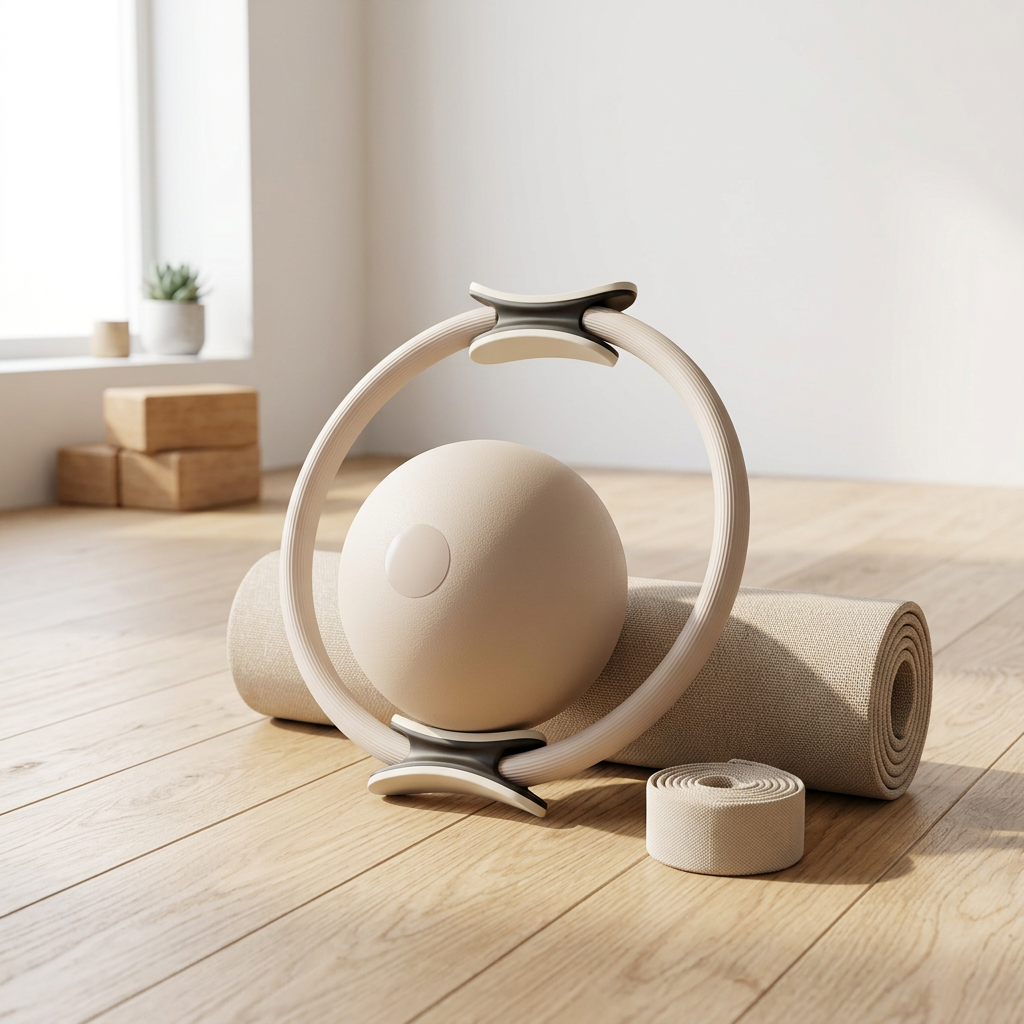 Sand Pilates ring and mini ball on a mat in a bright room