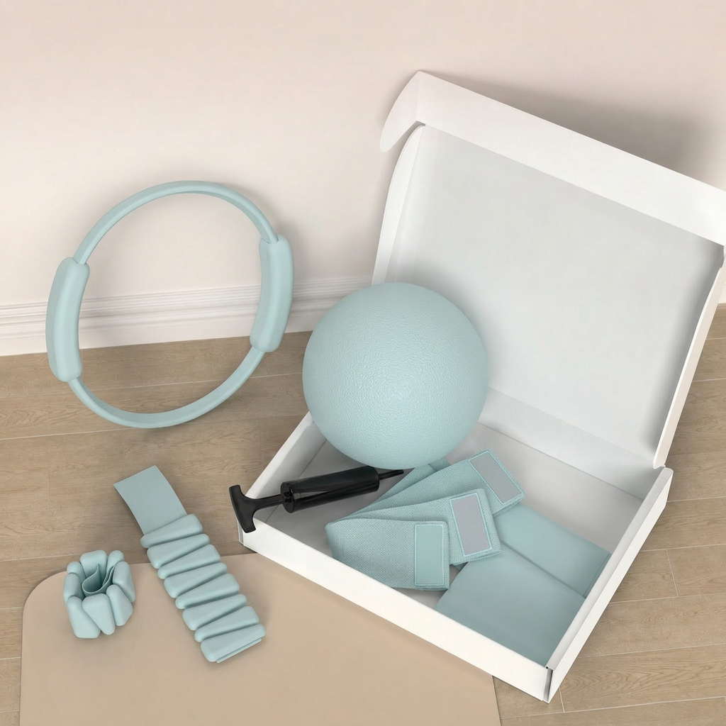 Home Pilates Studio Gift Box in Sage: ring, mini ball, bands and weights in an open gift box
