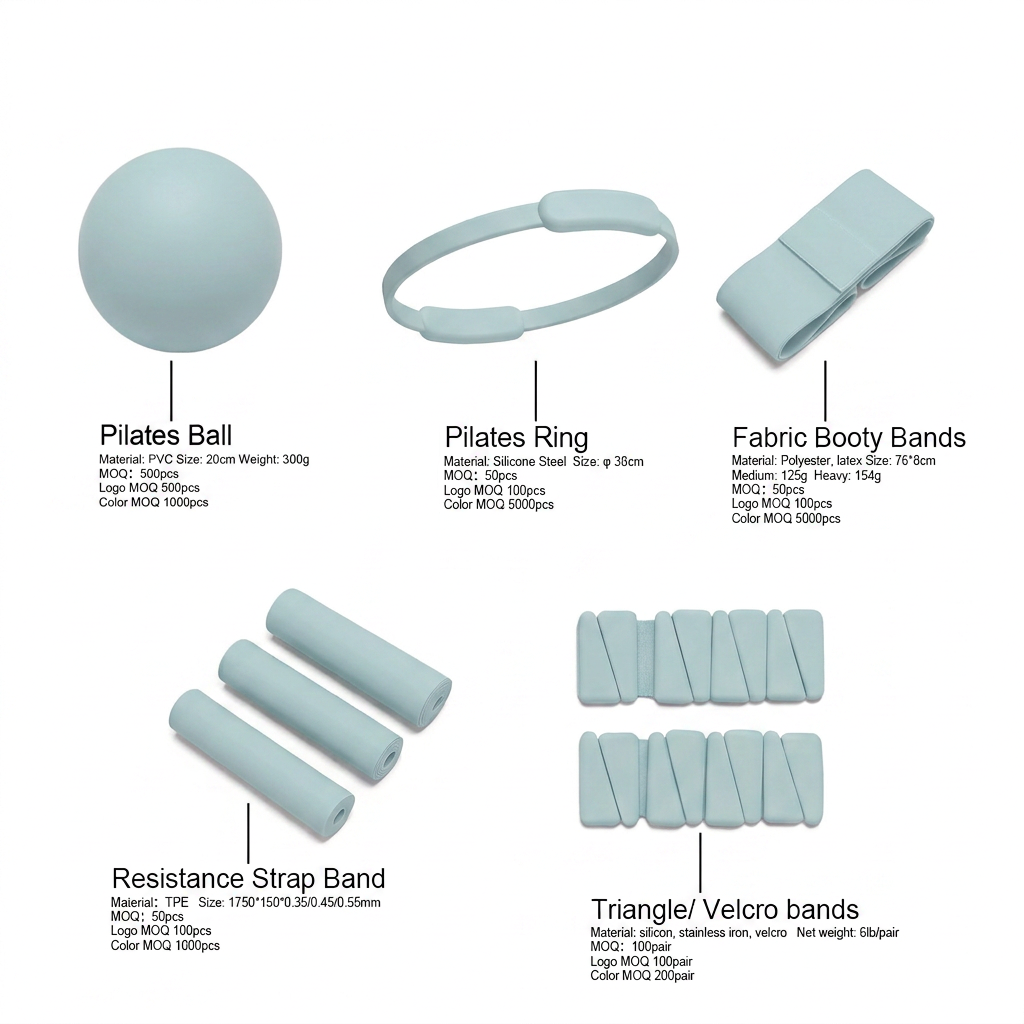 Contents of the Pilates gift box: ball, ring, fabric band, resistance bands and wrist/ankle weights