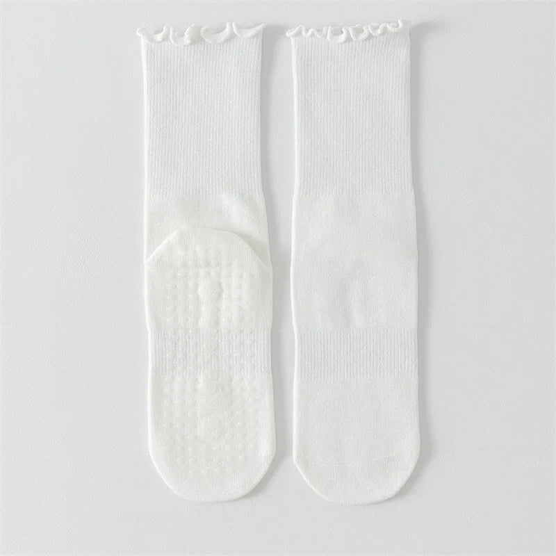Ecru frill crew Pilates grip socks with non-slip sole