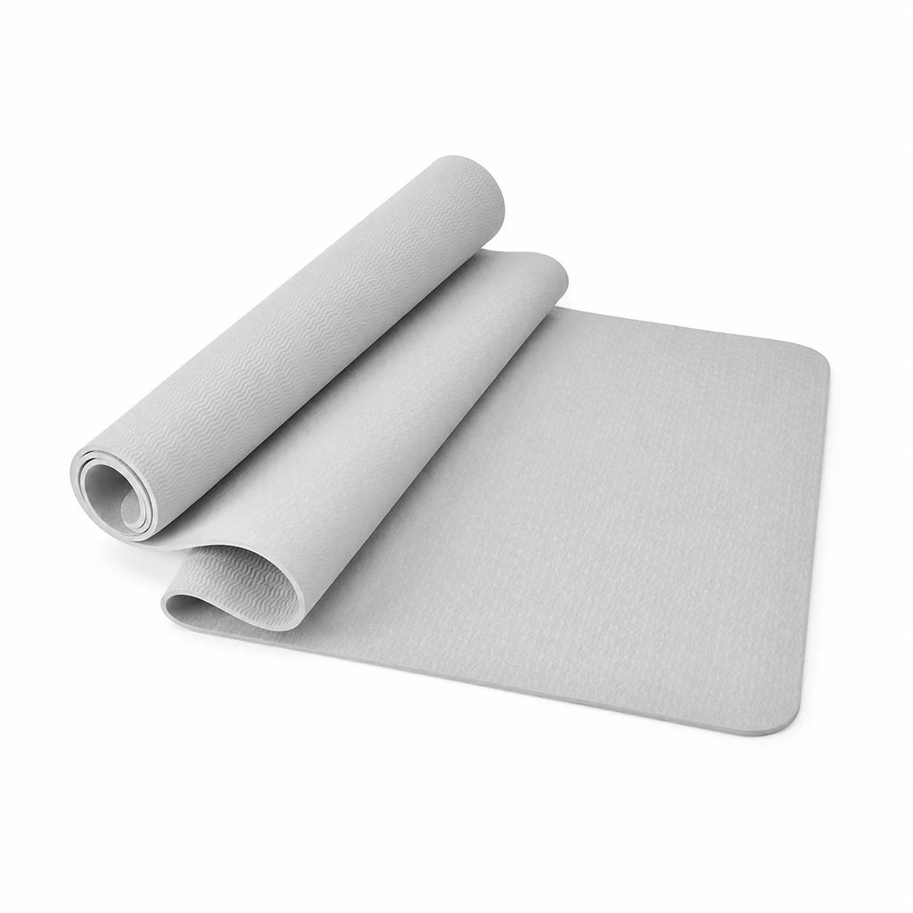 Stone grey 8 mm Pilates mat, rolled