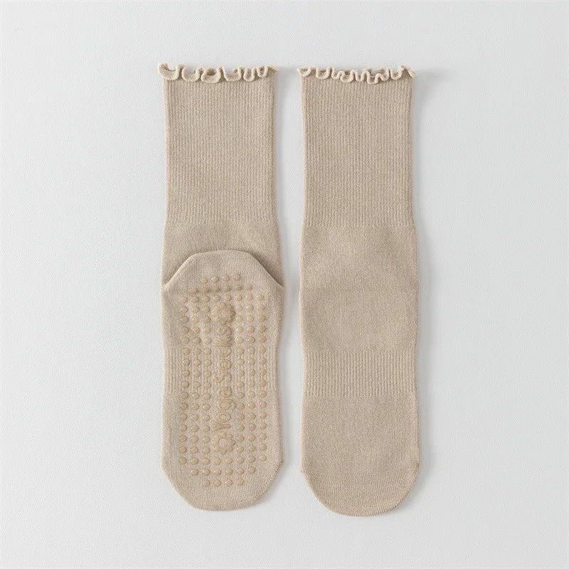 Sand frill crew Pilates grip socks showing the grip-dot sole