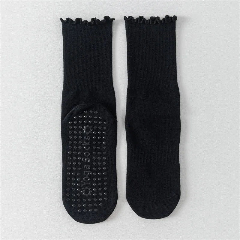 Black frill crew Pilates grip socks with non-slip sole