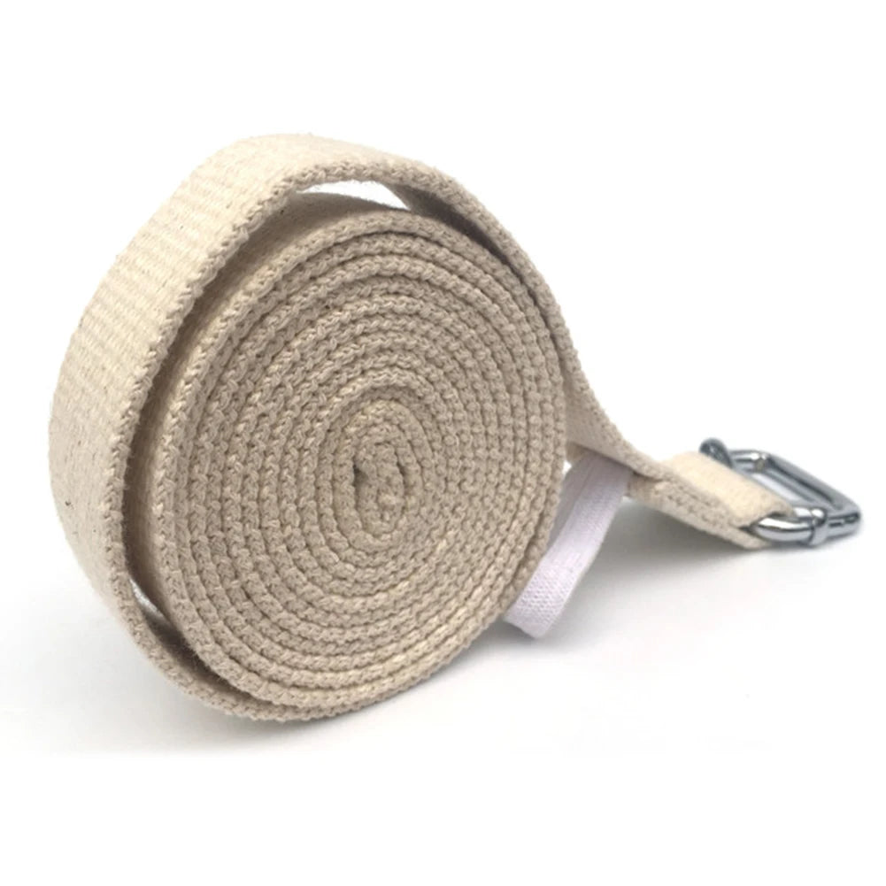 Natural cotton Pilates strap with metal buckle, rolled