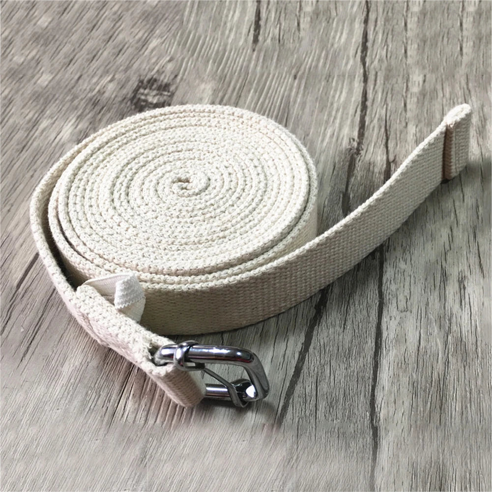 Cotton strap unrolled showing the metal buckle
