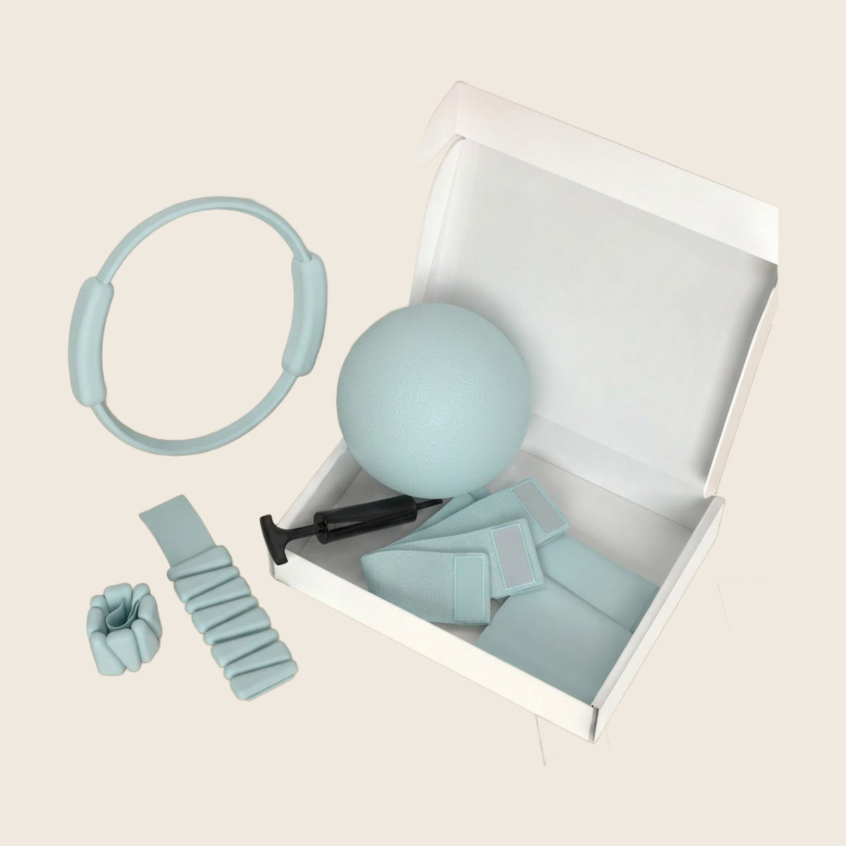 Home Pilates Studio Gift Box in Sage: ring, mini ball, bands and wrist/ankle weights with gift box