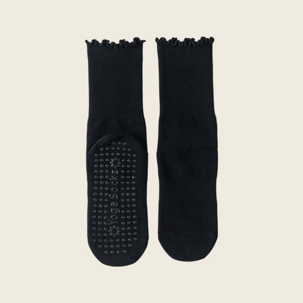 Black frill crew Pilates grip socks